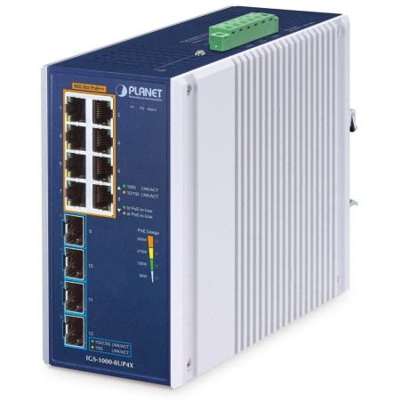 Planet IGS-1000-8UP4X průmyslový L2 switch, 8x1Gb, 4x10Gb SFP+,8x PoE 802.3bt 240W, -40~75°C, dual 48-54VDC,IP30,fanless