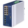 Planet IGS-1000-8UP4X industrieller L2-Switch, 8x1Gb, 4x10Gb SFP+, 8x PoE 802.3bt 240W, -40~75°C, dual 48-54VDC, IP30, lüfterlos