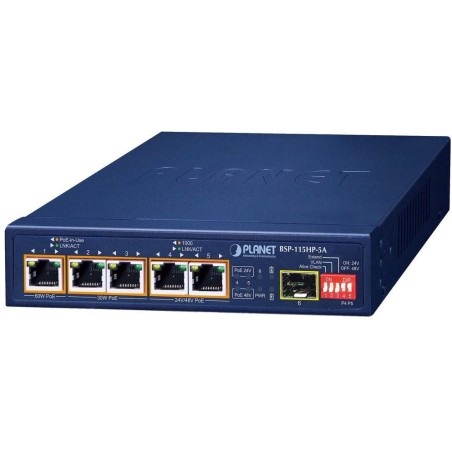 Planet BSP-115HP-5A Hybridní PoE solární switch, 5x 1Gb, 1x SFP, 1x PoE++ 802.3bt, 2x 802.3at, 2x at/pasivní, -20~65°C