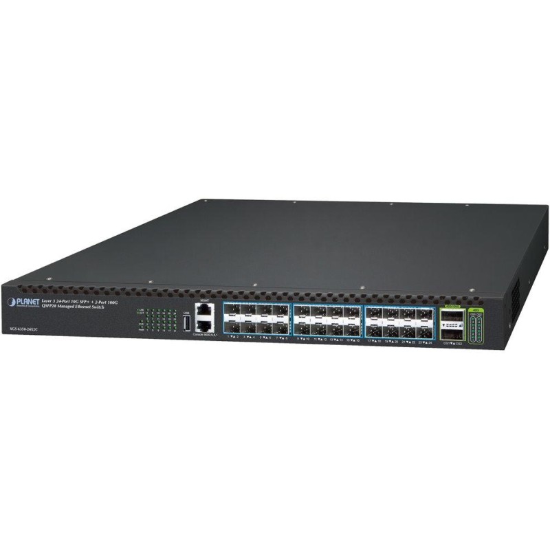 Planet XGS-6350-24X2C L3 switch, 24x10G SFP+, 2x100Gb QSFP28, QoS, 2x power-in