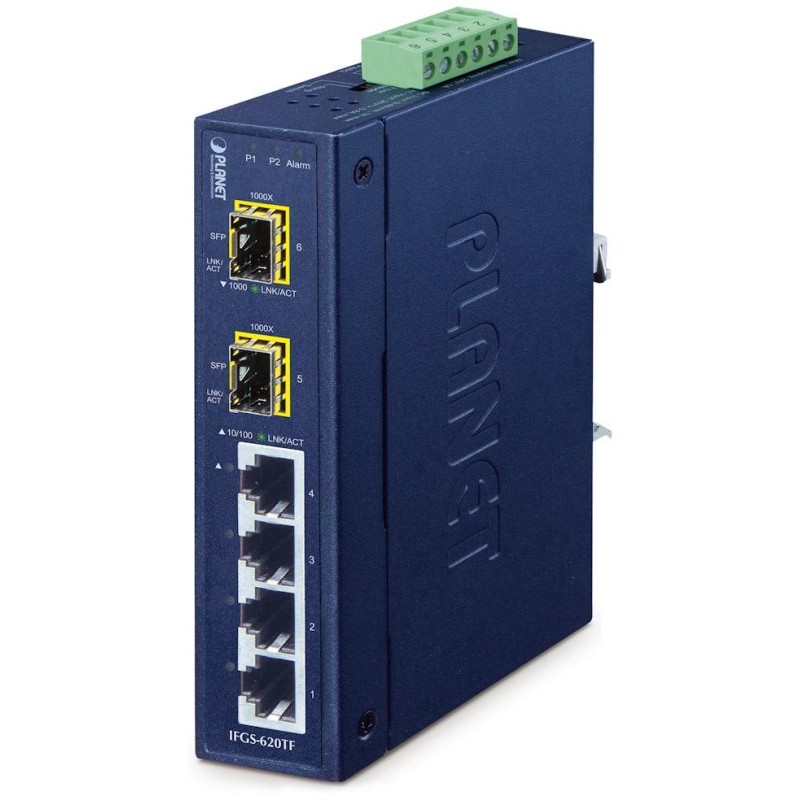 Planet IFGS-620TF průmyslový L2 switch, 4x10/100TX, 2x1Gb SFP, -40~75°C, 9-48VDC, IP30, fanless, ring data recovery