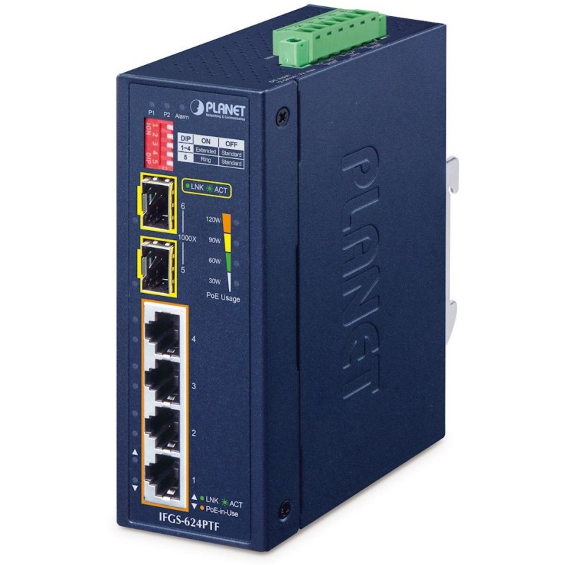 Planet IFGS-624PTF průmyslový L2 switch, 4x 10/100, 2x 1Gb SFP, 4x 802.3at PoE, -40~75°C, 12-54VDC, IP40, fanless, RING