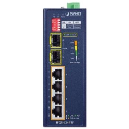 Planet IFGS-624PTF průmyslový L2 switch, 4x 10/100, 2x 1Gb SFP, 4x 802.3at PoE, -40~75°C, 12-54VDC, IP40, fanless, RING