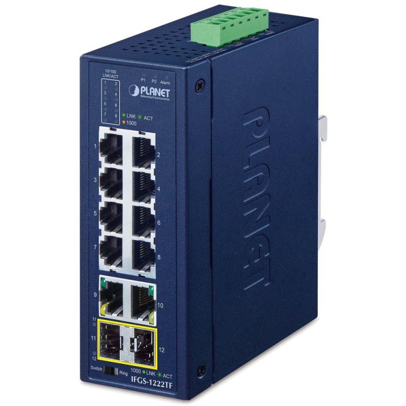 Planet IFGS-1222TF průmyslový L2 switch, 8x 10/100TX, 2x 1Gb, 2x 1Gb SFP, -40~75°C, 9-48VDC, IP30, fanless, RING