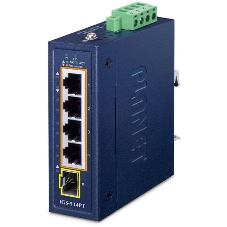 Planet IGS-514PT kompaktní průmyslový L2/L4 switch, 4x1Gb, 1x1G SFP, 4x1Gb PoE+ 802.3at 120W, -40~75°C, IP30, fanless