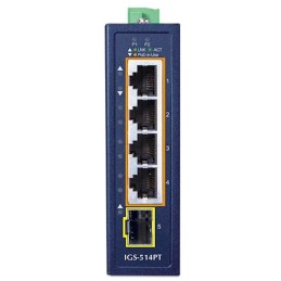 Planet IGS-514PT kompaktní průmyslový L2/L4 switch, 4x1Gb, 1x1G SFP, 4x1Gb PoE+ 802.3at 120W, -40~75°C, IP30, fanless