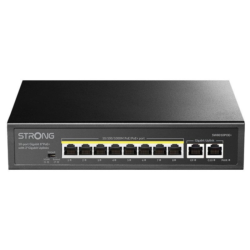 STRONG switch SW8010POE+/ 8x port Gigabit POE+/ 2x Ggabit Uplink port/ IEEE802.3af/at/ kovové šasi/ černý