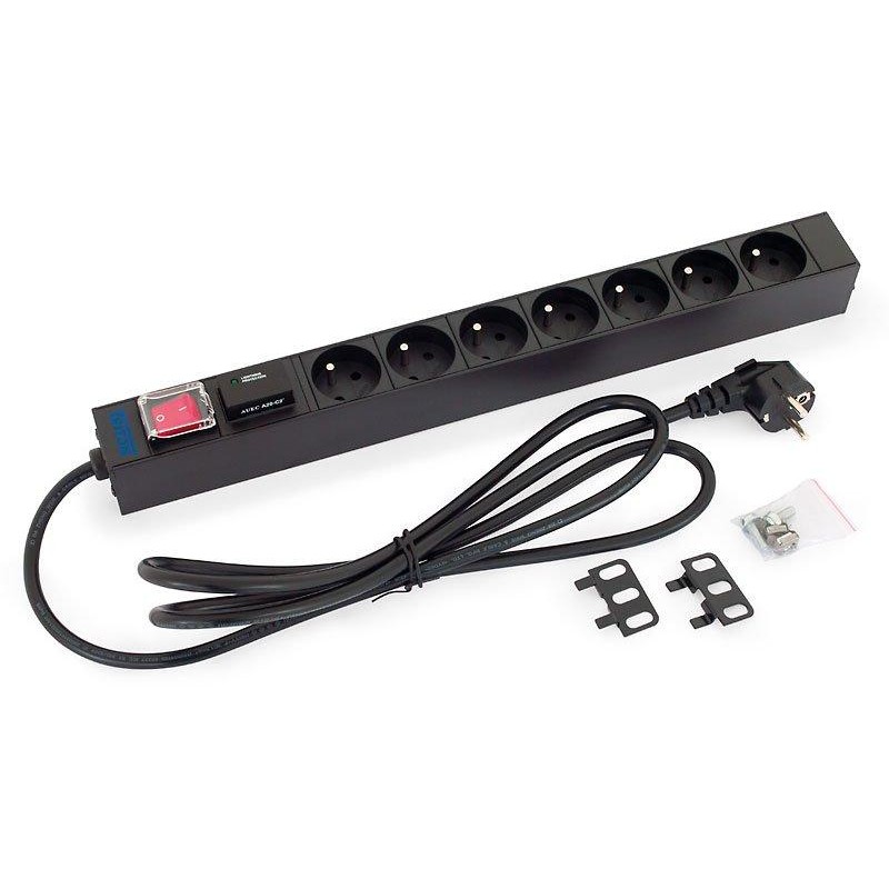 Triton 19",7xCZ zásuvka,vypínač,bleskojistka,3x1.5mm 2m kabel CZ-DE, RAL9005, FLEX