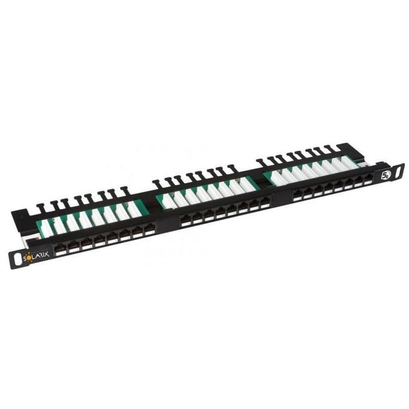 Solarix 19" Patch panel 24xRJ45 CAT5E UTP s vyvaz.lištou černý 0,5U, SX24HD-5E-UTP-BK