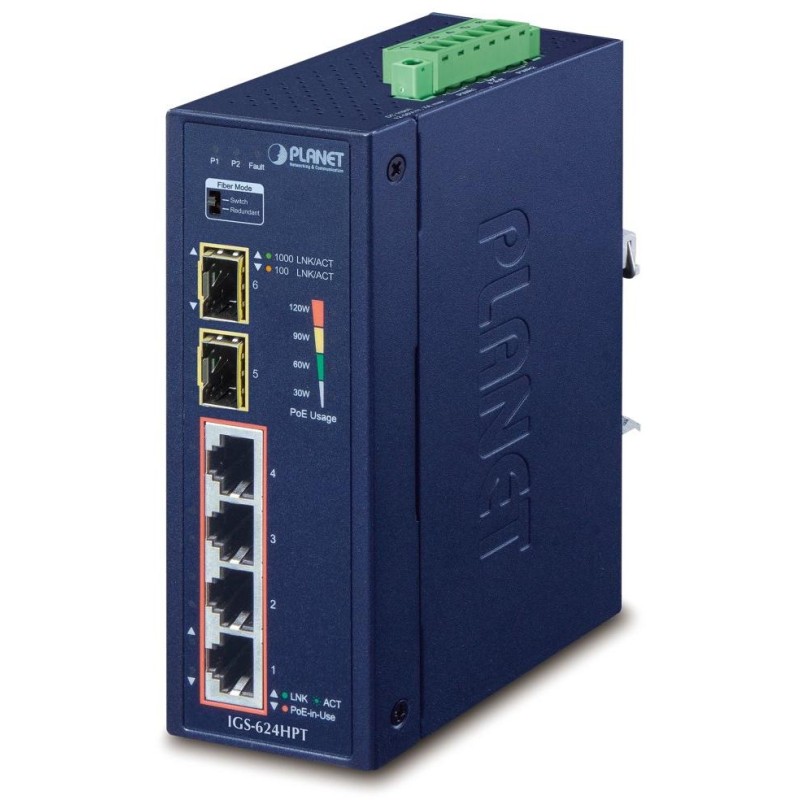 Planet IGS-624HPT Průmyslový Switch 4x 1Gb RJ-45 + 2x 1Gb SFP, PoE+ 802.3at 36/120W, IP40, DC12-56V, -40/+75°C, fanless
