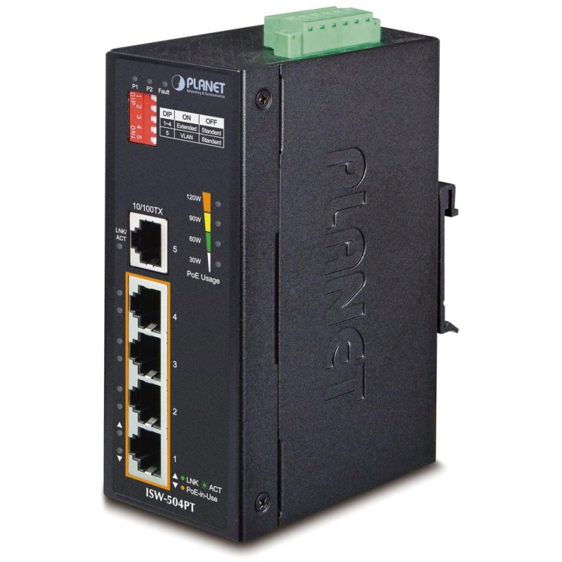 Planet ISW-504PT Průmyslový Switch 5x RJ-45, VLAN + Extend, -40~+75°C, PoE+ 802.3af/at 120W, 12-48VDC power-in