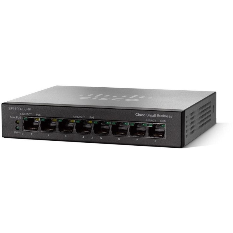 Cisco Switch SF110D-08HP  8x 10/100, 4x PoE port, 32W, unmanaged, desktop, Lifetime