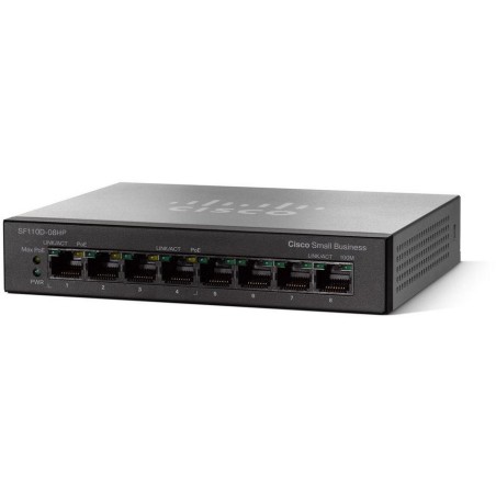 Cisco Switch SF110D-08HP  8x 10/100, 4x PoE port, 32W, unmanaged, desktop, Lifetime