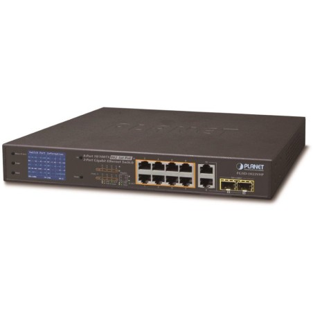 Planet FGSD-1022VHP PoE switch, 8x100, 2x1000-TP/SFP, LCD, VLAN, extend mód 10Mb do 250m, IEEE 802.3at120W
