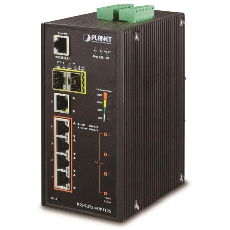 Planet IGS-5225-4UP1T2S průmyslový L3 switch, 5x1Gb, 2x2.5Gb SFP, 4x PoE 802.3bt 360W, dual 48-56VDC, -40~75°C, IP30