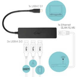 I-tec USB Slim HUB/ 3 porty s Gigabyte Ethernet/ na USB 3.1 Type C/ kompatibilní s Thunderbolt 3/ černý
