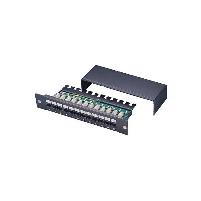 XtendLan Patch panel 10", 12 portů, 1U, Cat5e, stíněný, LSA, s krytem, vodorovné umístění konektorů, zemnič, černý