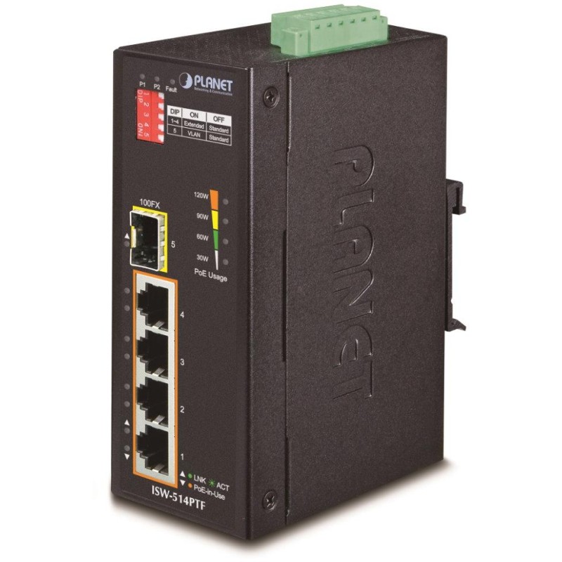 Planet ISW-514PTF, PoE switch 4x 10/100BaseTX+ 1x 100FX(SFP), 802.3at až 120W, DIN, IP40, -40~75 st.C, 12-48VDC
