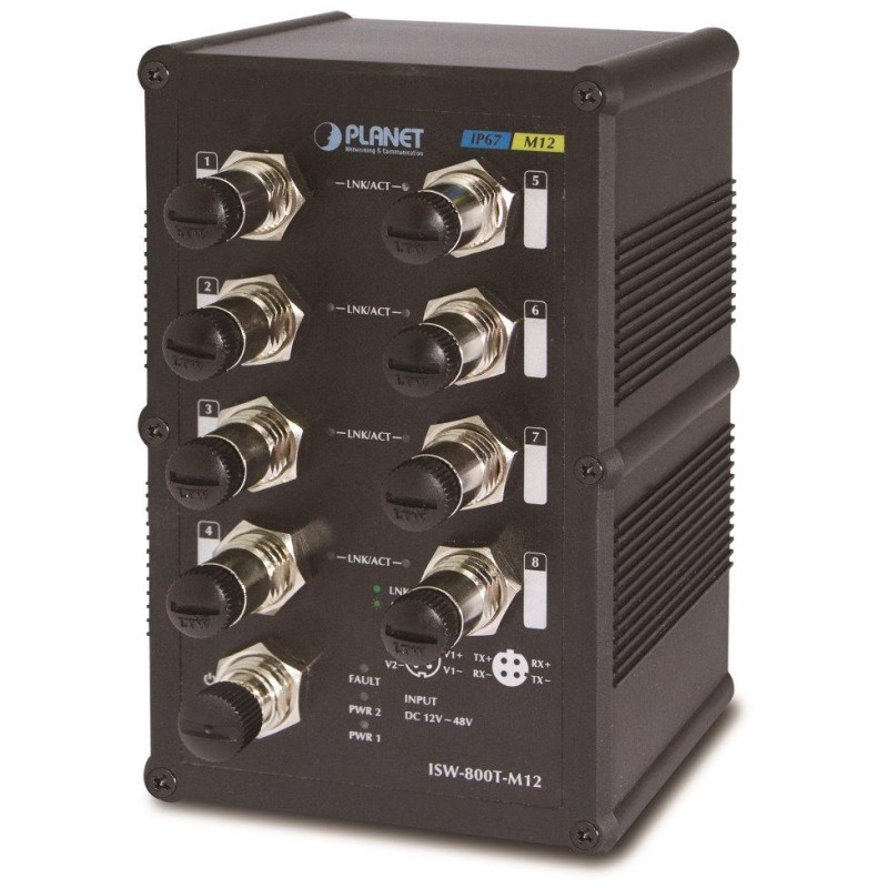 Planet ISW-800T-M12 vodotěsný průmyslový switch, 8x 10/100Mbps M12, ESD, DIN, IP67, -40~75°C, 12-48VDC