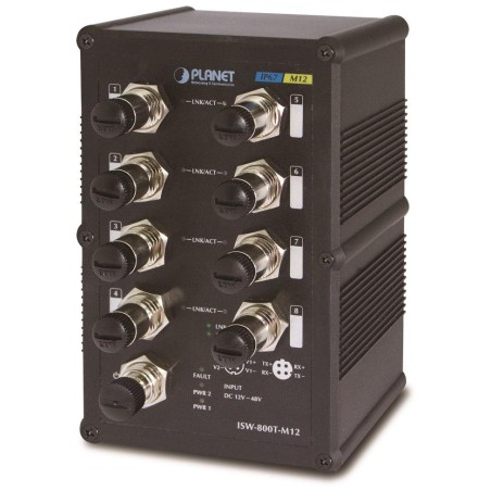 Planet ISW-800T-M12 vodotěsný průmyslový switch, 8x 10/100Mbps M12, ESD, DIN, IP67, -40~75°C, 12-48VDC