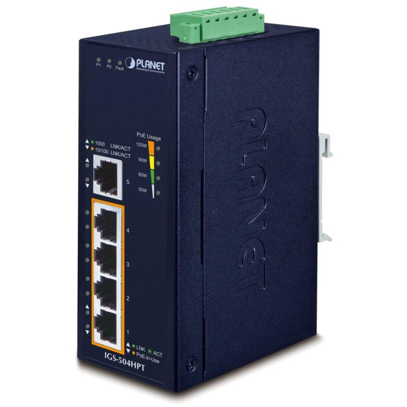 Planet Průmyslový PoE switch, 5x1Gb, 4x PoE 802.3at 36/120W, -40až75°C, dual 12-56VDC, IP40, fanless