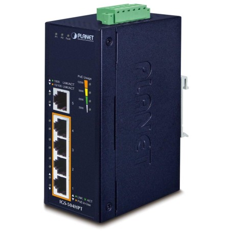 Planet Průmyslový PoE switch, 5x1Gb, 4x PoE 802.3at 36/120W, -40až75°C, dual 12-56VDC, IP40, fanless