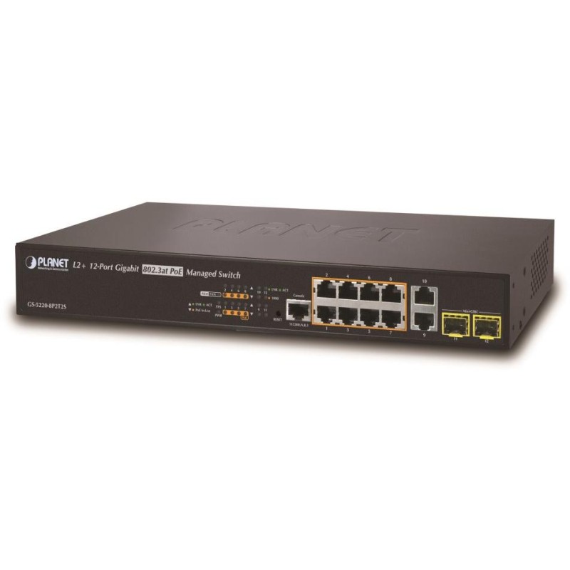 Planet GS-5220-8P2T2S L3 switch, 10x1Gb, 2x1Gb SFP, 8x PoE 802.3at 240W