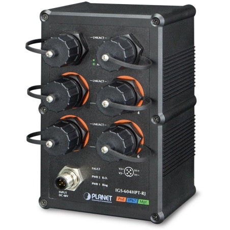Planet IGS-604HPT-RJ vodotěsný průmyslový switch, 6x1Gb, 4x PoE 802.3at 140W, 48-56VDC, -40~75°C, IP67, EN50155
