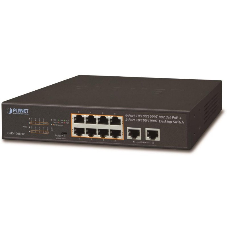 Planet GSD-1008HP, PoE switch 8x PoE 802.3at 120W+ 2x 1000Base-T, VLAN, extend mód 10Mb/s do 250m