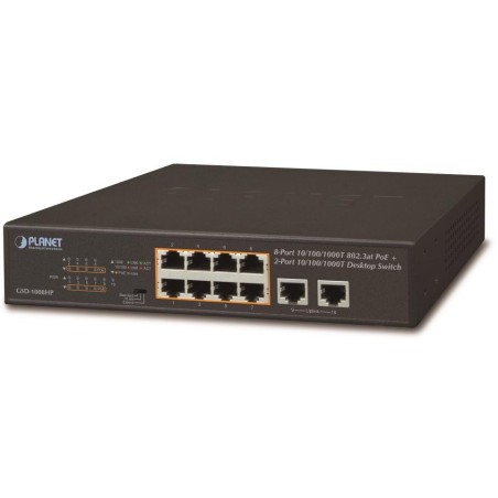 Planet GSD-1008HP, PoE switch 8x PoE 802.3at 120W+ 2x 1000Base-T, VLAN, extend mód 10Mb/s do 250m