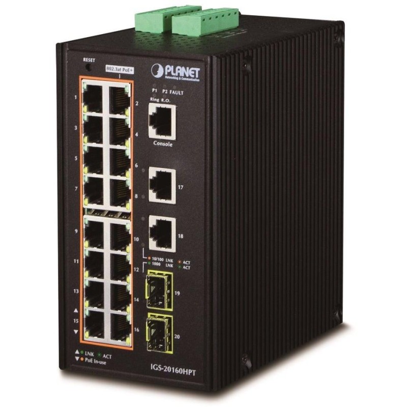 Planet IGS-20160HPT L3 switch, 18x1Gb, 2x2.5Gb SFP, 16x PoE 802.3at 320W, dual 48-56VDC, -40~75°C, IP30
