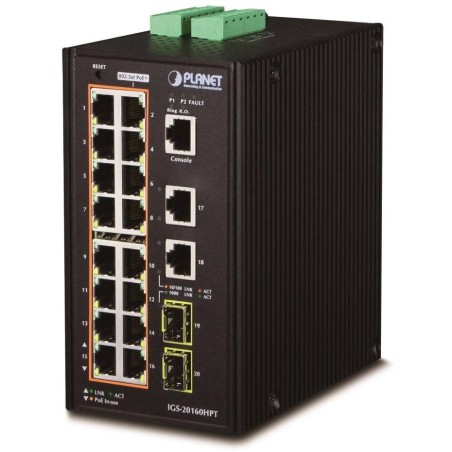 Planet IGS-20160HPT L3 switch, 18x1Gb, 2x2.5Gb SFP, 16x PoE 802.3at 320W, dual 48-56VDC, -40~75°C, IP30