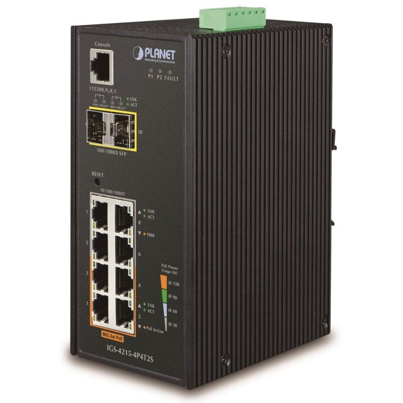 Planet IGS-4215-4P4T2S průmyslový L2 switch, 4x1Gb, 2x1Gb SFP, 4x PoE 802.3at 140W, 48-54VDC, -40~75°C, IP30