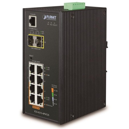 Planet IGS-4215-4P4T2S průmyslový L2 switch, 4x1Gb, 2x1Gb SFP, 4x PoE 802.3at 140W, 48-54VDC, -40~75°C, IP30