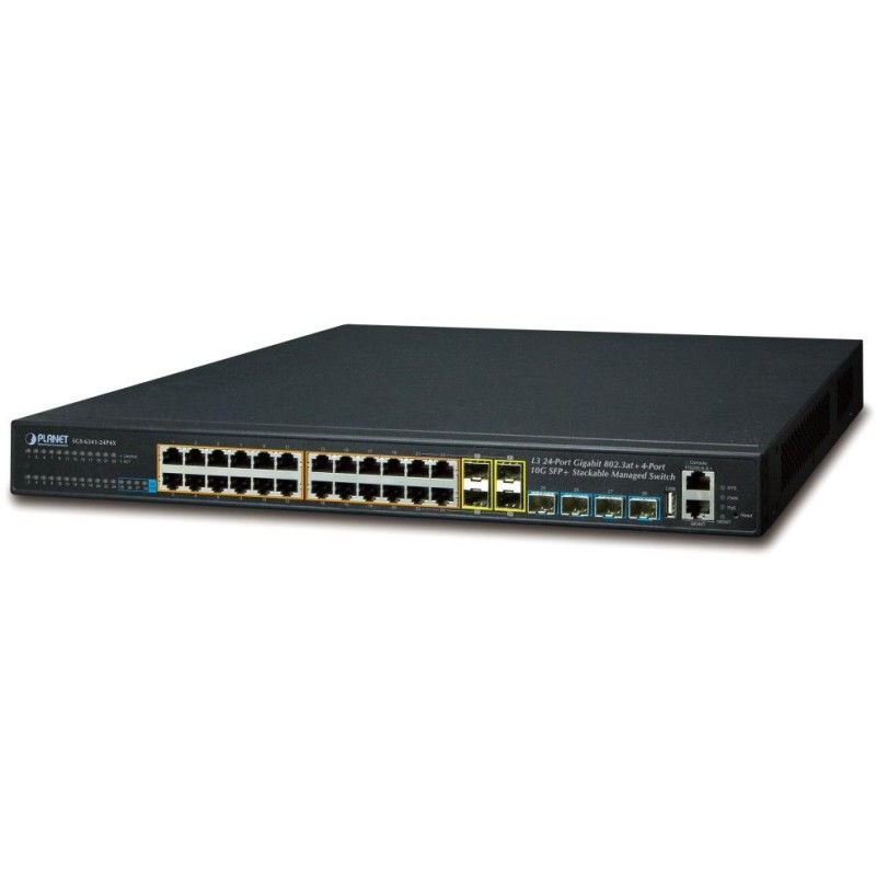 Planet SGS-6341-24P4X L3 switch, 24x1Gb, 4x1Gb SFP, 4x10Gb SFP+, 24x PoE 802.3at 370W, HW/IP stack, VSF/Cluster