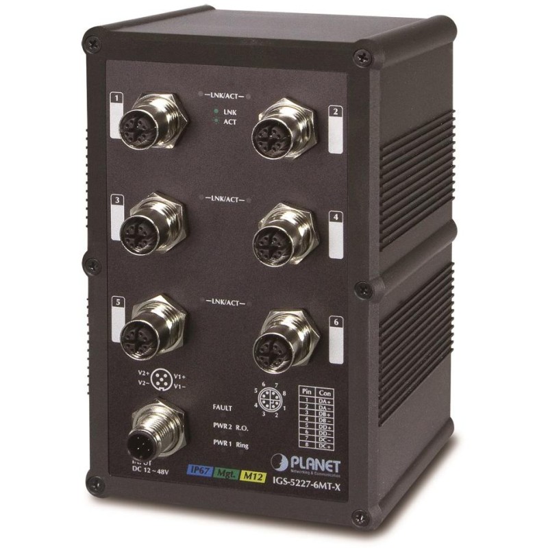 Planet IGS-5227-6MT-X vodotěsný průmyslový L3 switch, 6x1Gb M12, 9-48VDC, -40~75°C, IP67, EN50155