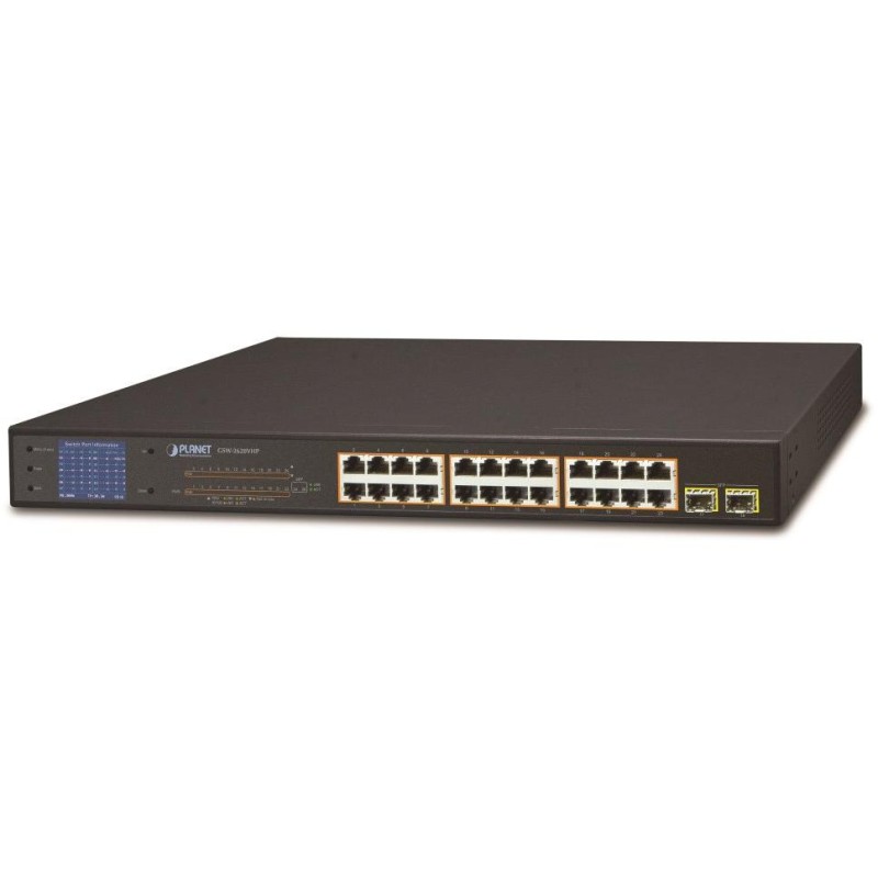 Planet GSW-2620VHP PoE switch, 24x1Gb + 2xSFP 1Gb, LCD, VLAN, extend mód 10Mb-250m, 802.3at, 802.3az, 300W PoE Budget