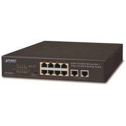 Planet FSD-1008HP PoE switch 10x 100Mb, 8xPoE 802.3at 30W/120W, VLAN, extend mód 10Mb/s do 250m, fanless