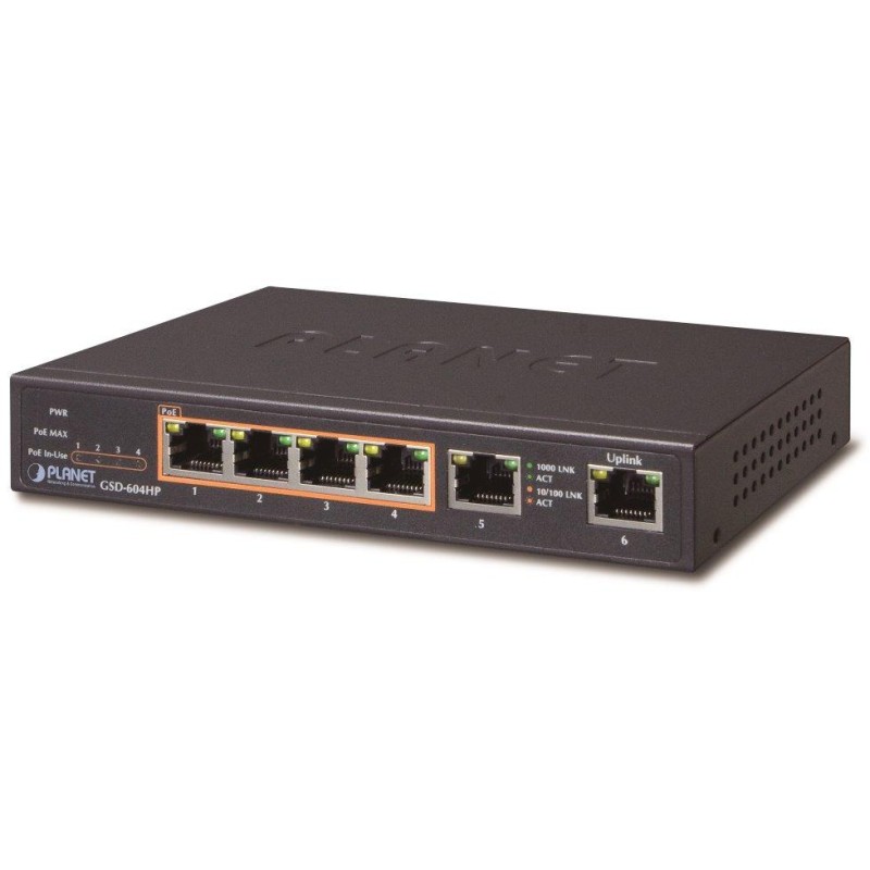 Planet GSD-604HP PoE switch 1Gbps, 6xTP, 4xPoE 802.3at/af 30W/55W, fanless