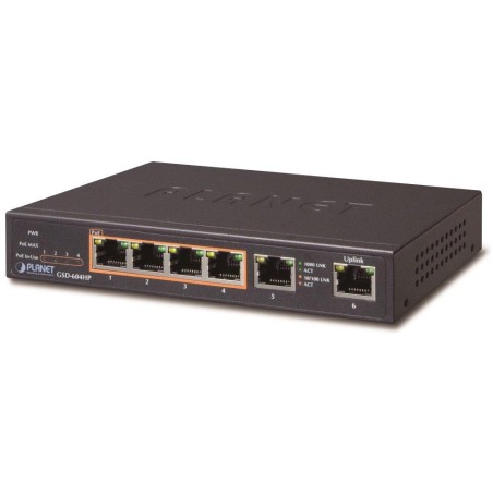 Planet GSD-604HP PoE switch 1Gbps, 6xTP, 4xPoE 802.3at/af 30W/55W, fanless