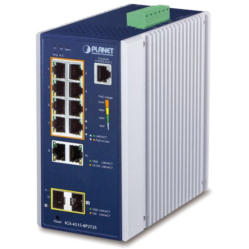 Planet IGS-4215-8P2T2S průmyslový L2 switch, 10x 1Gb, 2x1Gb SFP, 8x PoE 802.3at 240W, 48~54VDC, IP30
