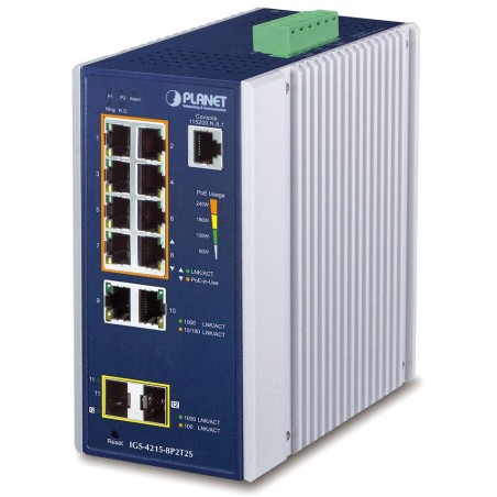 Planet IGS-4215-8P2T2S průmyslový L2 switch, 10x 1Gb, 2x1Gb SFP, 8x PoE 802.3at 240W, 48~54VDC, IP30