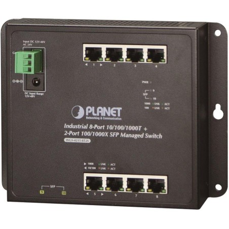 Planet WGS-4215-8T2S plochý L4 switch, 8x1Gb, 2x1Gb SFP, 12-48VDC/24VAC, -40~75°C, IP30, fanless