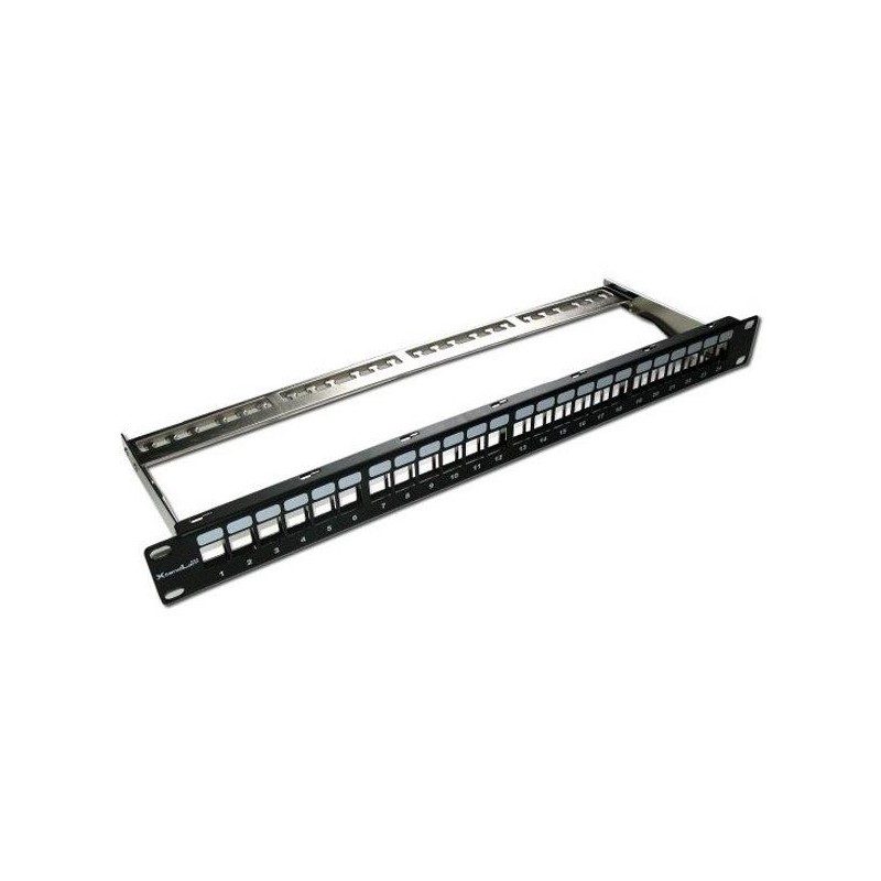 XtendLan Patch panel 19", 24 portů, neosazený, stíněný, černý, Cat5e/6/6A/7, vyvazovák