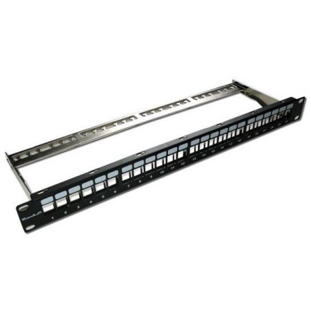XtendLan Patch panel 19", 24 portů, neosazený, stíněný, černý, Cat5e/6/6A/7, vyvazovák