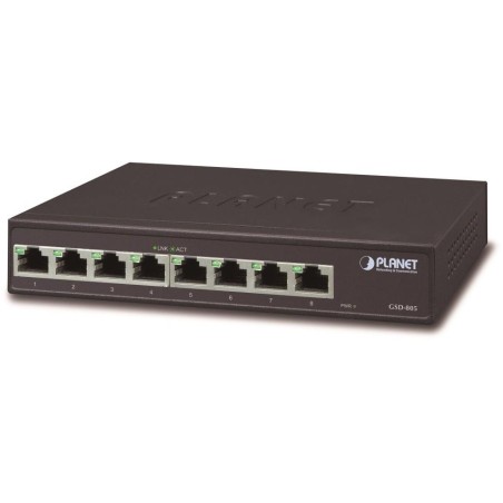 Planet GSD-805v2 switch 10/100/1000 (8x 1000Base-T), VLAN, IEEE 802.3az, ESD+EFT, internal pwr, fanless