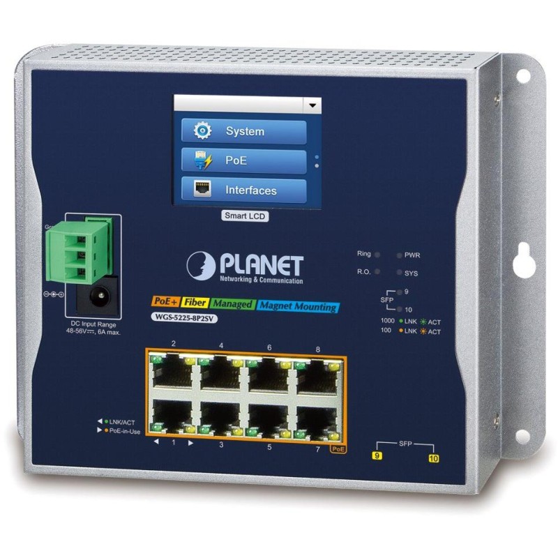 Planet WGS-5225-8P2SV plochý L3 switch, 8x1Gb, 2x2.5Gb SFP, PoE 30/240W, 48-56VDC, -20~70°C, IP30, fanless, touch LCD