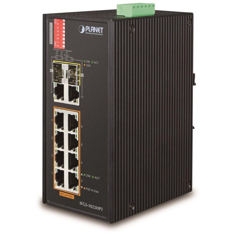 Planet IFGS-1022HPT průmyslový PoE switch, 8x100Mb + 2x1Gb/SFP, PoE 802.3at 30/240W, -40až75°C, dual 48-54VDC, IP30