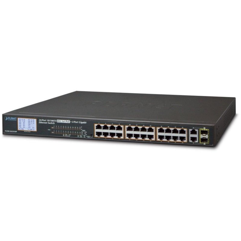 Planet FGSW-2622VHP PoE switch, 24x100Mb + 2x1Gb/SFP, LCD, VLAN, PoE 802.3at 30/300W