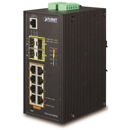 Planet IGS-5225-8P4S průmyslový L3 switch, 8x1Gb, 4x1Gb SFP, 8x PoE 802.3at 240W, dual 48-54VDC, -40~75°C, IP30